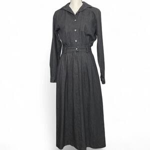 Vintage Willowbend Black Denim Collared Maxi Dress Buttons Synched Waist Size 8